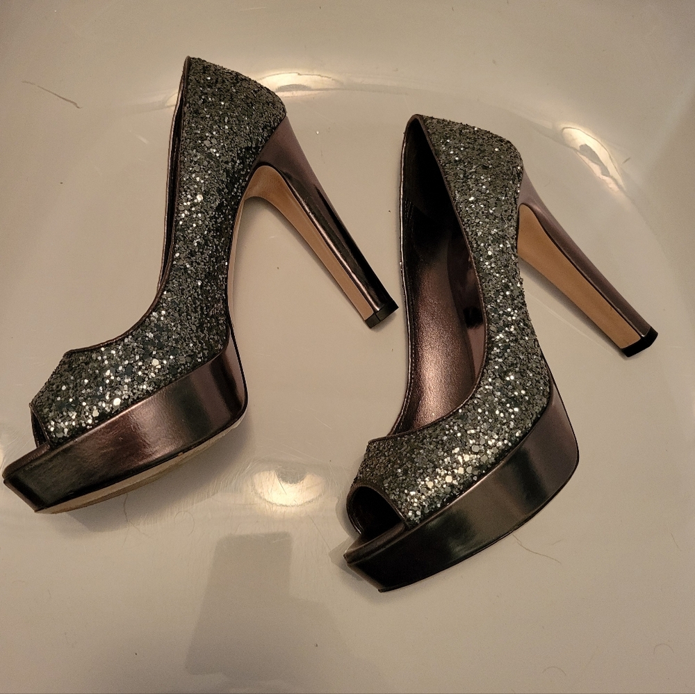 Miu Miu Silver Glitter Anthracite Peep Toe Platform Sz. 37